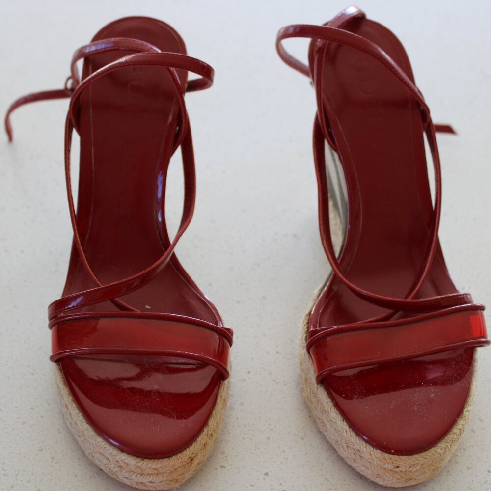 Burberry Burgundy Patent and PVC Espadille Wedge Sandals